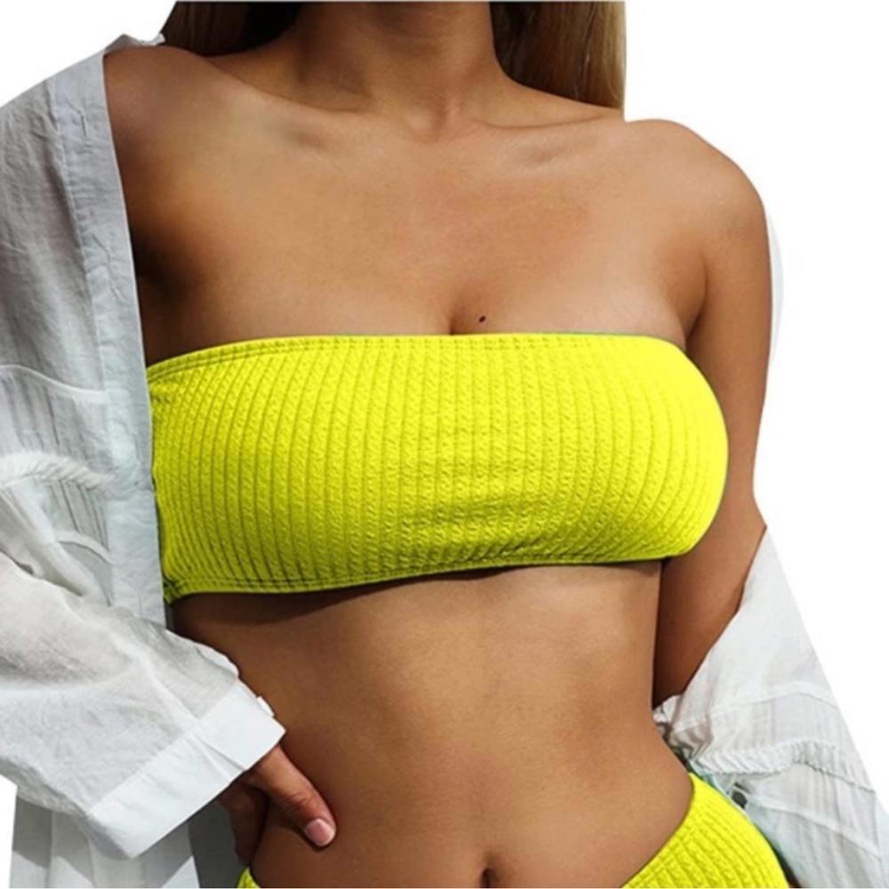 Good American Womens Crinkle Basic Bandeau Bikini Top Size S-M Yellow New
